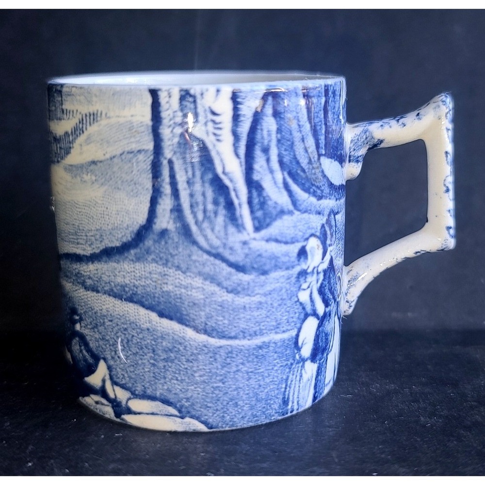 Antique RARE‎ Blue White Transferware Pastoral Mini Ceramic Coffee Mug Expresso